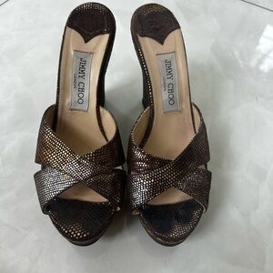 Jimmy Choo gold and Brown platform Mules with Criss-Cross Design